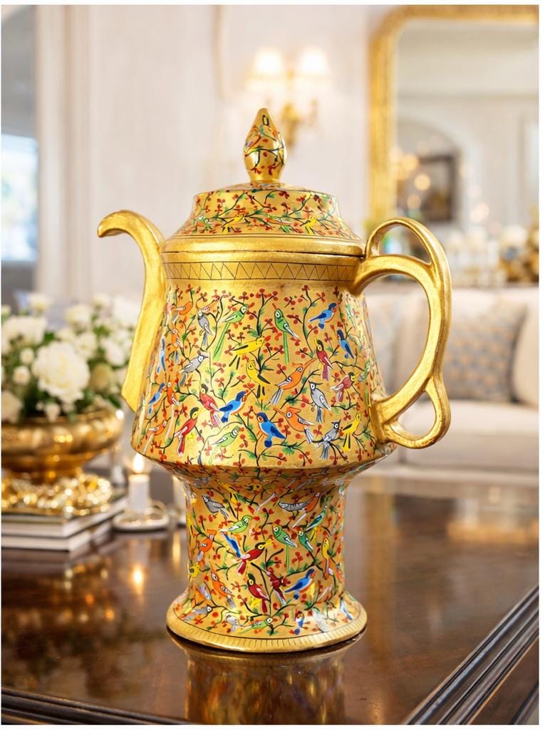 Handcrafted Kashmiri paper mache samavar with gold finish and hand-painted floral and bird motifs for luxury home décor
